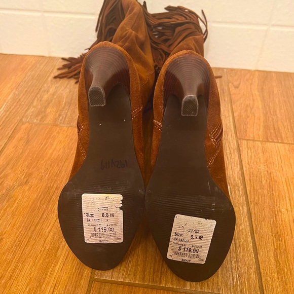 Suede Tan Brown Heel Fringe Boots Boho Western Kitten Heel tall leather - Picture 6 of 12